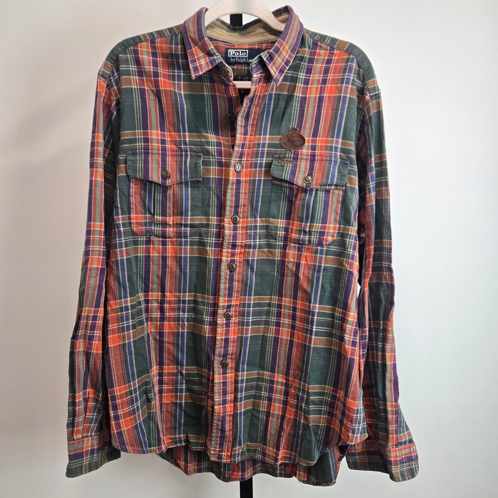 Polo Ralph Lauren Men XL Plaid Flannel Shirt Suede Elbow Pheasant Crest Rare Vtg